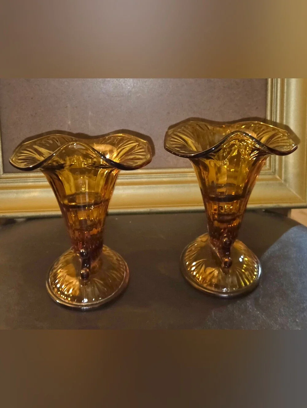 Set of Fenton Amber Glass Cornucopia Candleholders w Ruffled Rims & Fluted Base